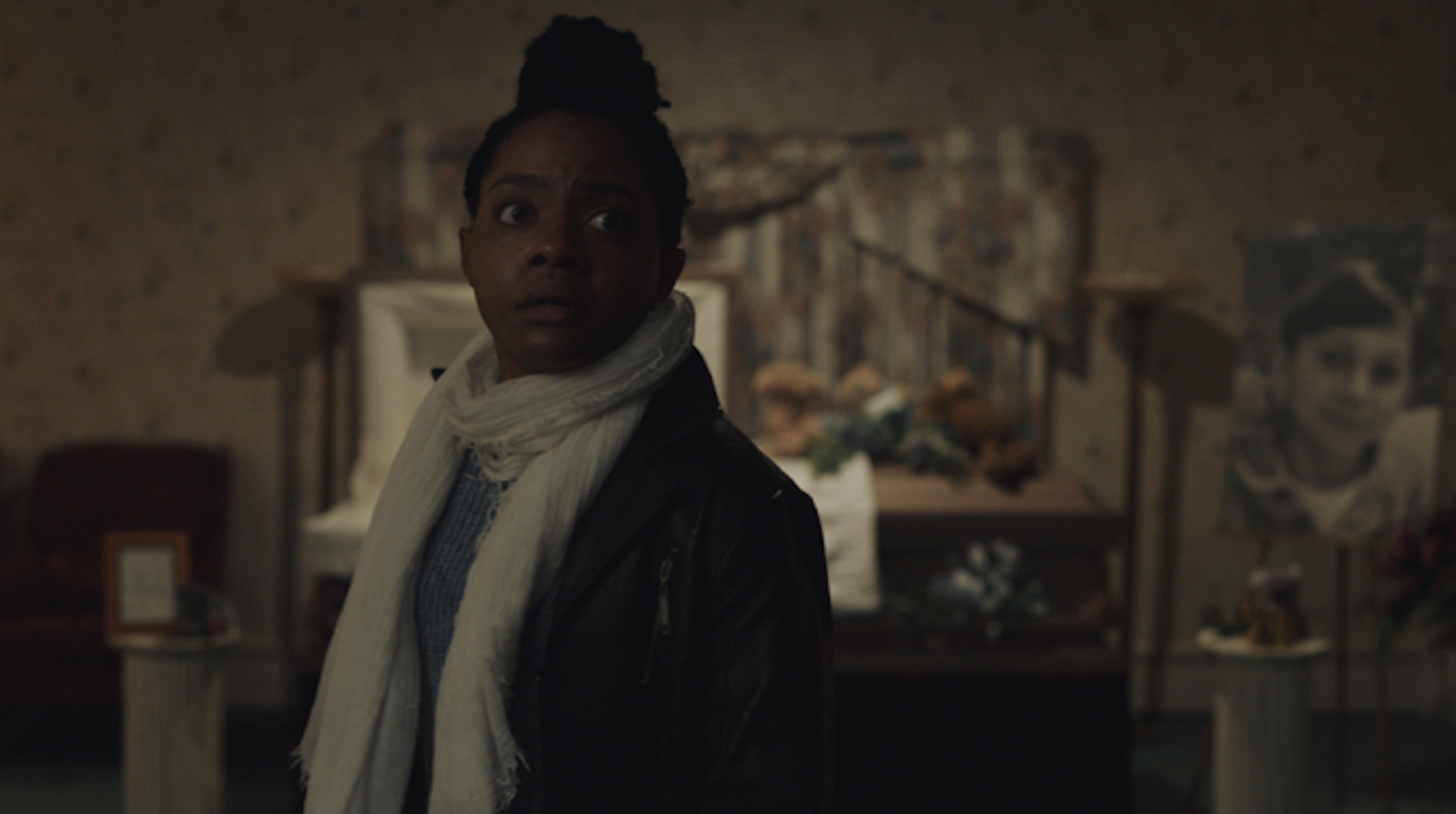 Film still for THE HARBINGER with Gabby Beans looking scared.