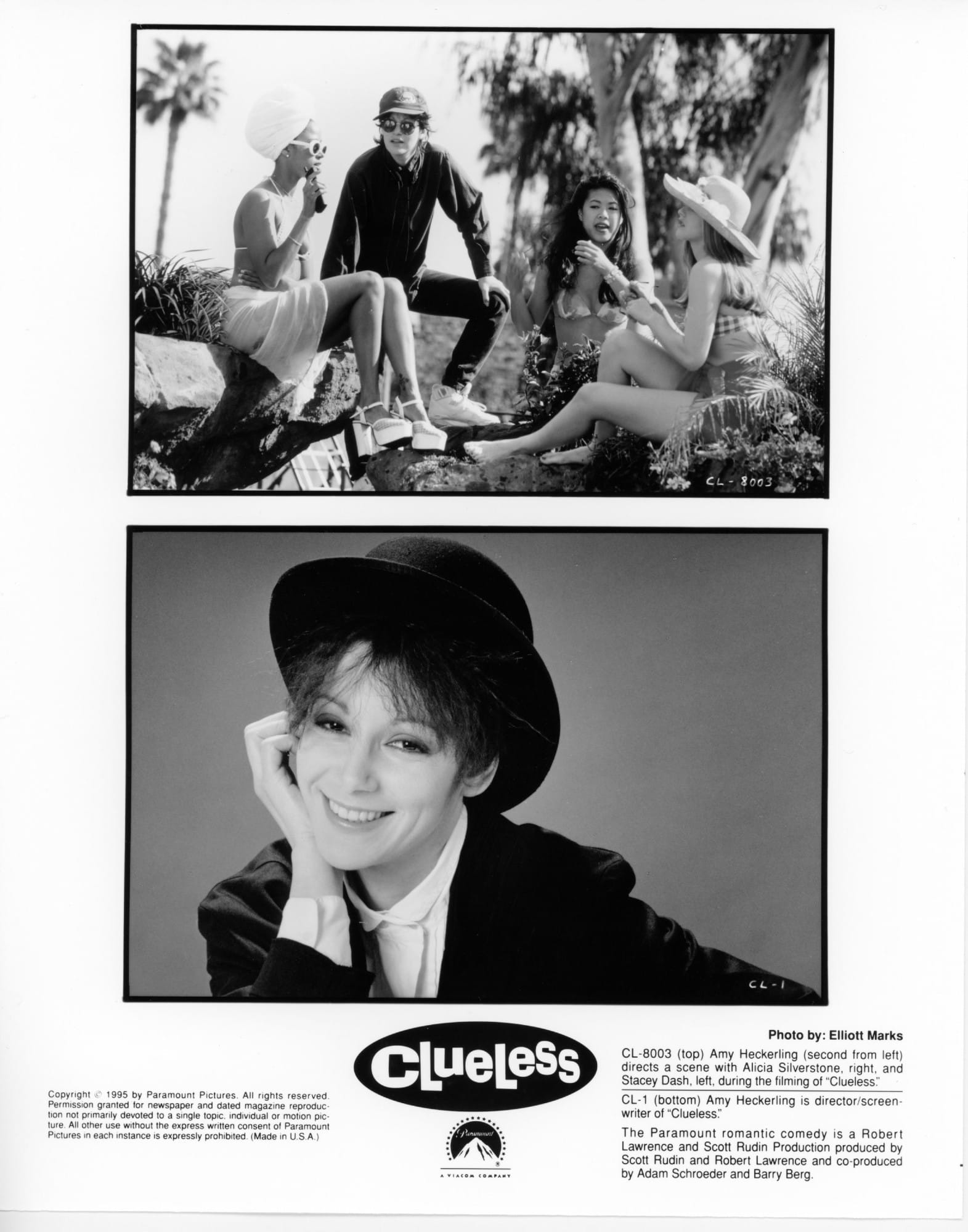 Black and white publicity photos from CLUELESS featuring director/writer Amy Heckerling (top is on set with cast and bottom is a headshot).