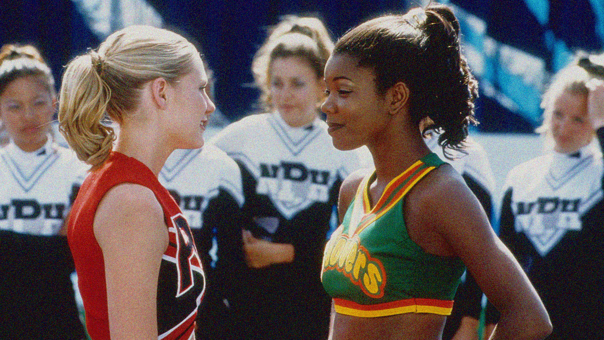 Kirsten Dunst and Gabrielle Union facing off as rival cheerleading captains with a third team standing in the background.