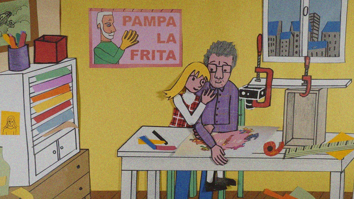 Animated still of cut paper and marker with a young girl sitting on her father's lap at the work desk with camera rig.
