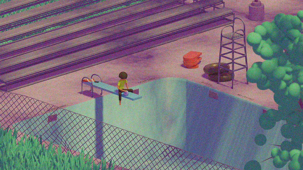 Animated scene of a draining public swimming pool with a child sitting on the diving board.