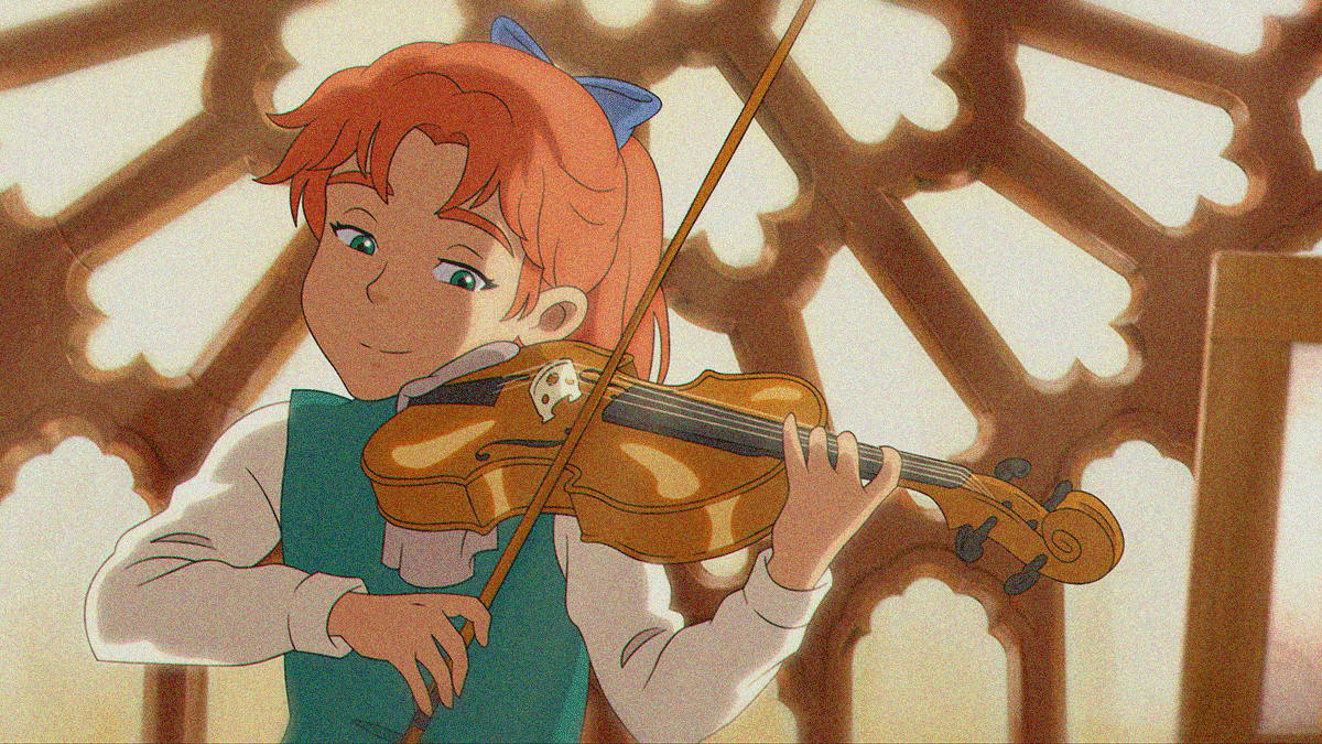 An animated scene of a young girl playing the violin against an ornately latticed window.