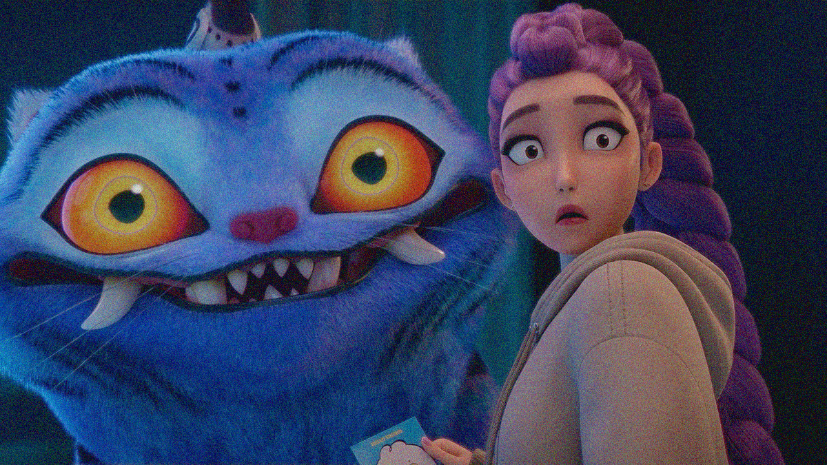 A giant blue "derpy tiger" and a young woman with a large braid in a sweatshirt both stare startled at the camera.