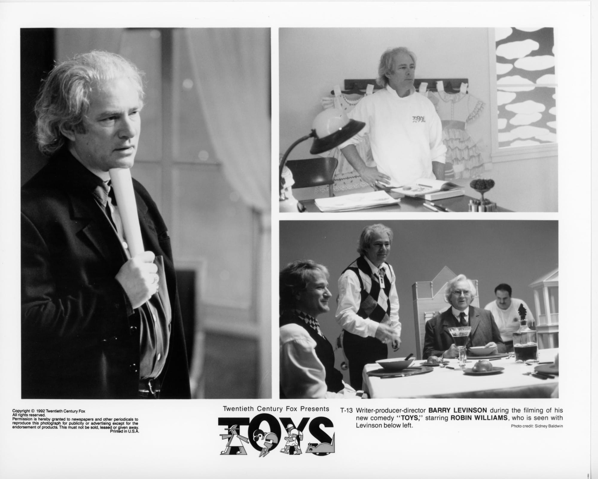 Left photo is Levinson on-set with a rolled piece of paper in hand. Top right is Levinson in production office standing behind desk with wardrobe dresses on hooks behind him. Bottom right is Levinson standing on set between a seated Williams and Arthur Malet at a dinner table.