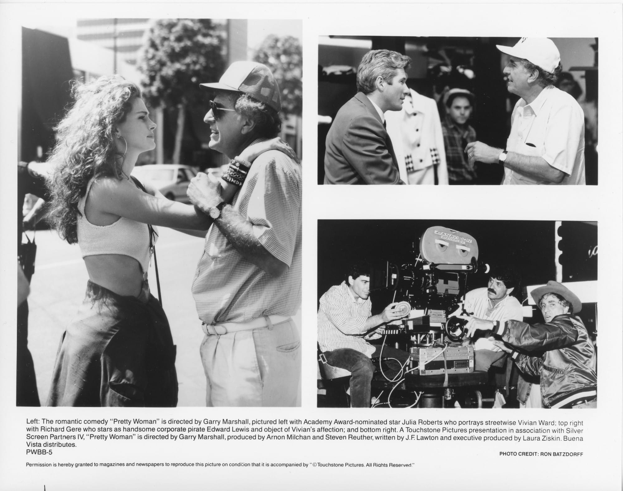 Left shows Julia Roberts and Garry Marshall standing and facing each, her hands on his shoulders and his hands wrapped around her forearms. Top right shows Marshall directing Richard Gere on set. Bottom right shows Marshall directing the camera operator.