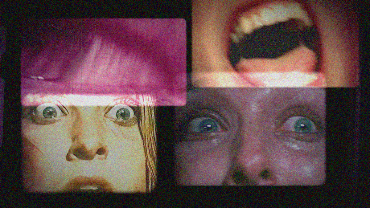 A four panel collage: top left is a close-up from side of an eyeball, top right is close-up of a mouth screaming, bottom left and right of a woman's face in fright.