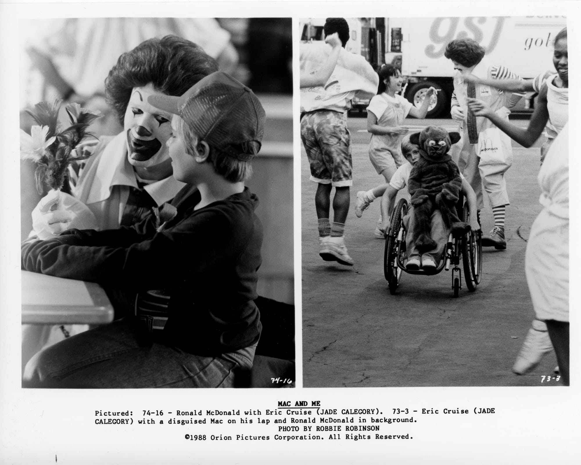 B&W Publicity photos. Left is a boy in a baseball cap sitting next to Ronald McDonald as the latter holds a magic trick bouquet of flowers. Right: A boy in a wheelchair on the street with someone in a bear costume sitting in his lap.