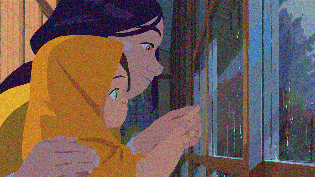 A woman holds the finger of a little girl wrapped in a towel to the window to trace the Japanese symbol for rain as it rains outside.