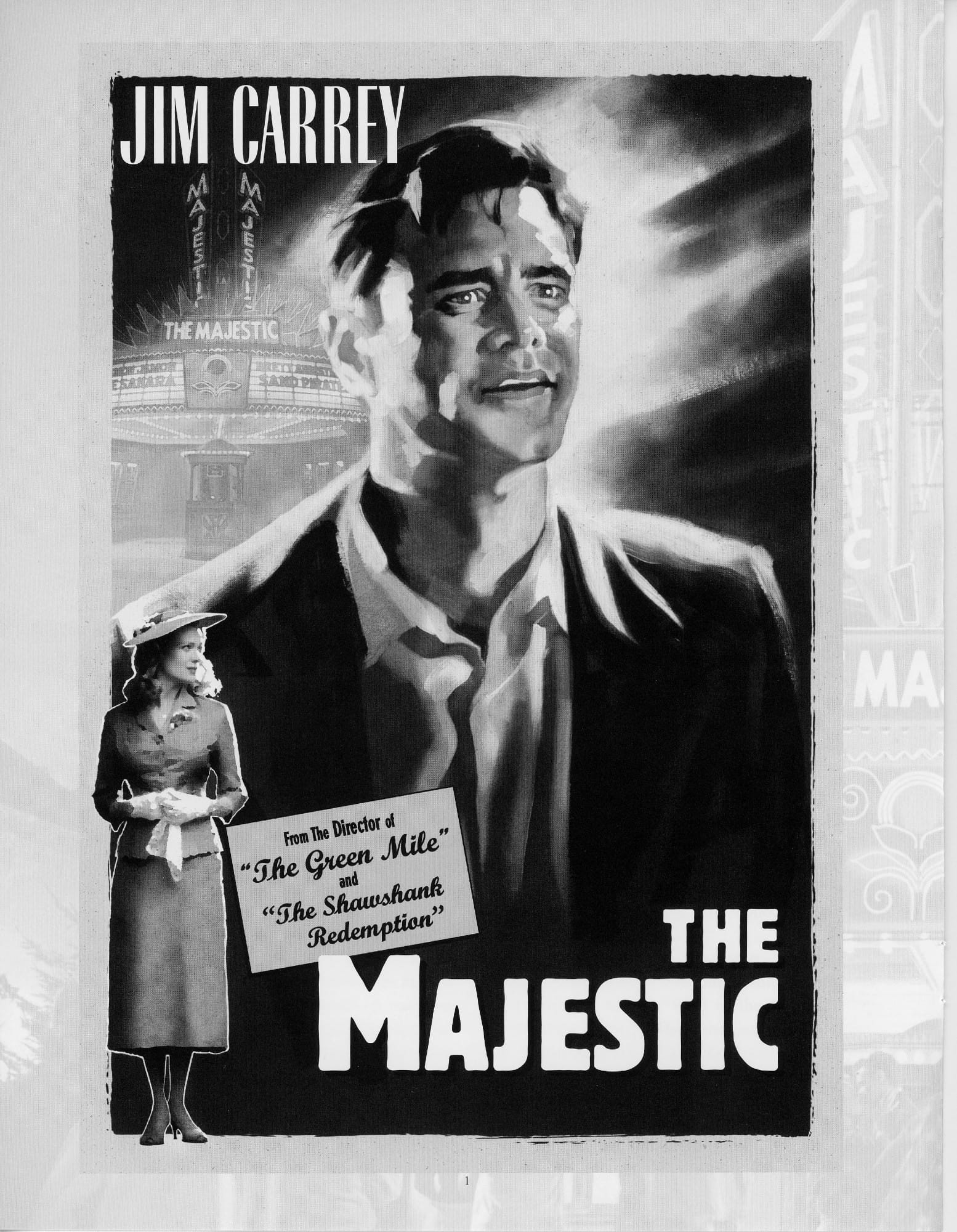 Vintage looking black and white painted poster with a giant Jim Carrey filling the frame and a small Laurie Holden tucked into the bottom left corner.