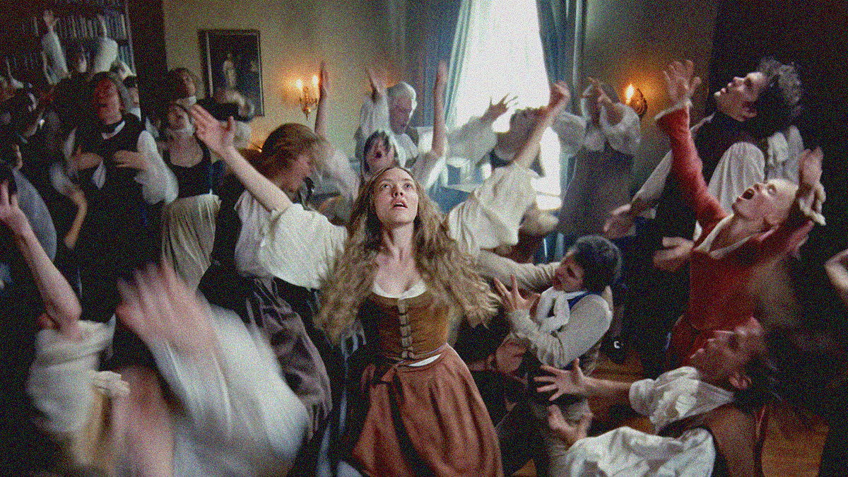 A woman stands at center with arms outstretched, mouth open in scream, and head tilted to the sky. She is surrounded by other men and women in similar poses of dance and movement.