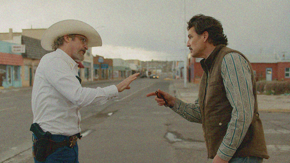 A sheriff (left) in cowboy hat stands with hand up opposite a mustached man in vest pointing with glasses in hand.
