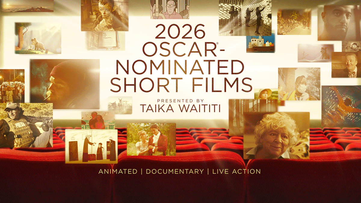 Branding slide for the 2026 Oscar-Nominated Short Films, presented by Taika Waititi, with a collage of stills from the 15 nominees floating above an auditorium of red seats.