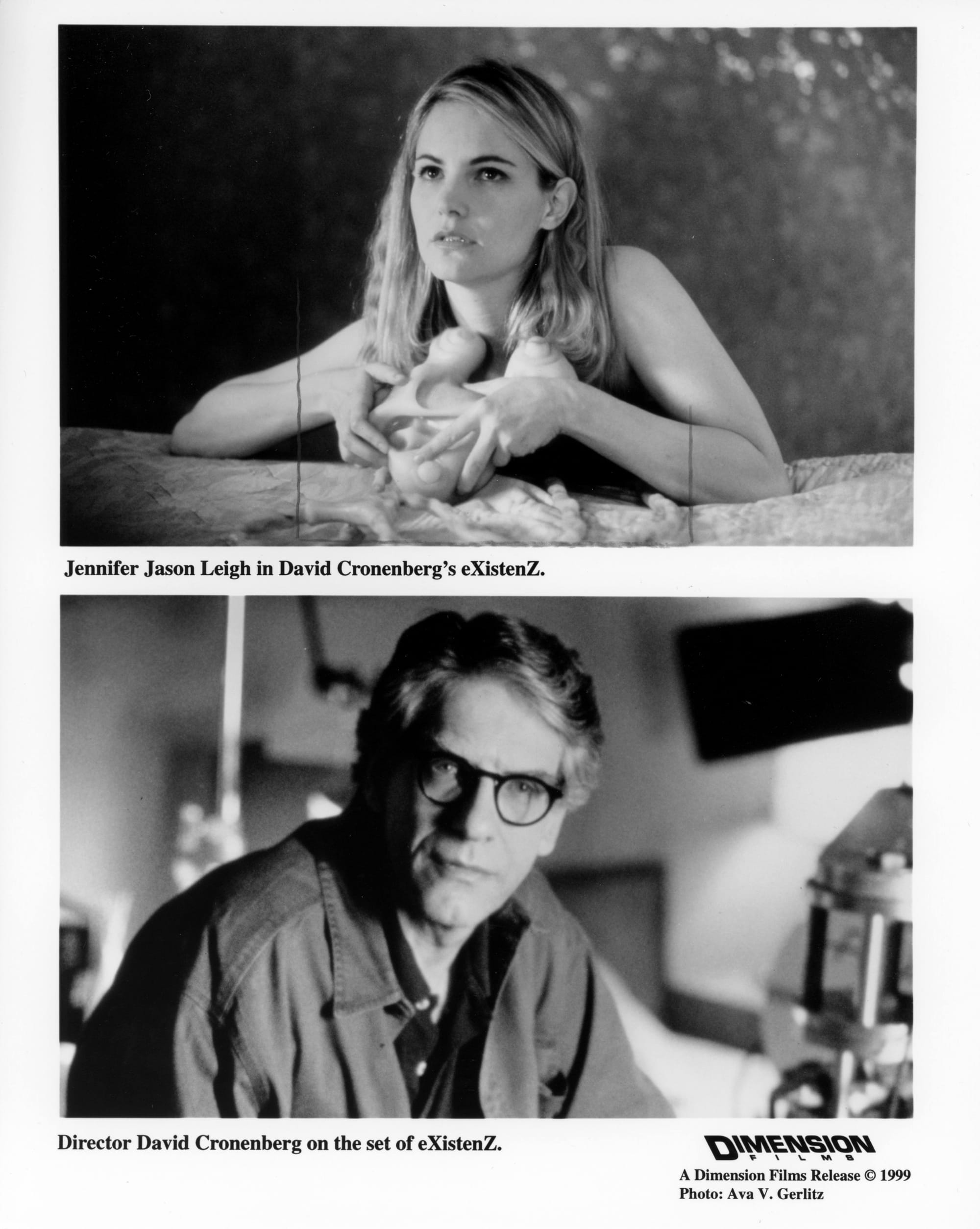Top: A woman is shown from chest up, elbows propped on the side of a bed, a flesh-like device held in her hands. Bottom: A man with glasses poses for a portrait, shown from chest up.