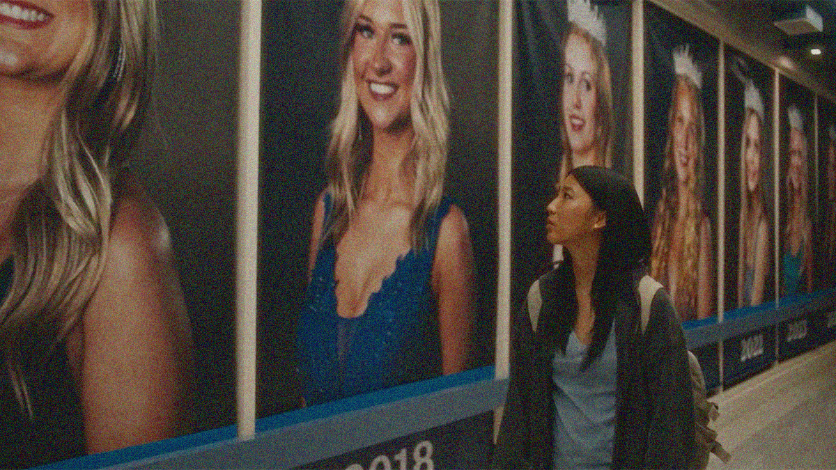 A Chinese teen dreaming of being prom queen looks at a wall of portraits of former prom queens (all white teens).