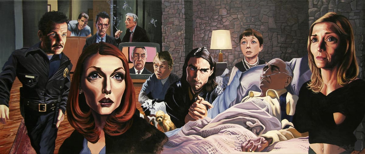 Painting inspired by PTA’s MAGNOLIA featuring the main cast engaged in actions from the film, but placed together in a single scene within the interior of Jason Robards’ character’s home.