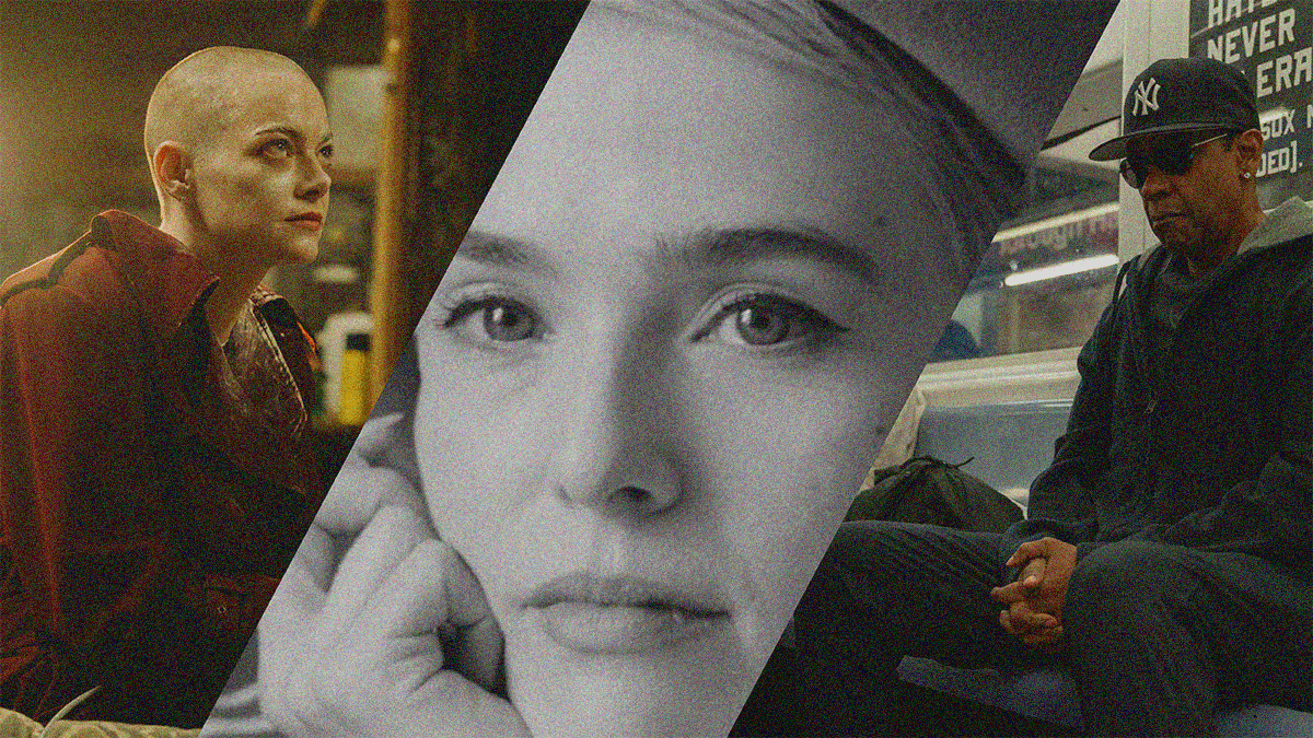 Left: a bald woman sits and looks off-screen. Middle: close-up of a woman's face, chin in hand. Right: a man in a baseball cap and sunglasses sits on the subway.