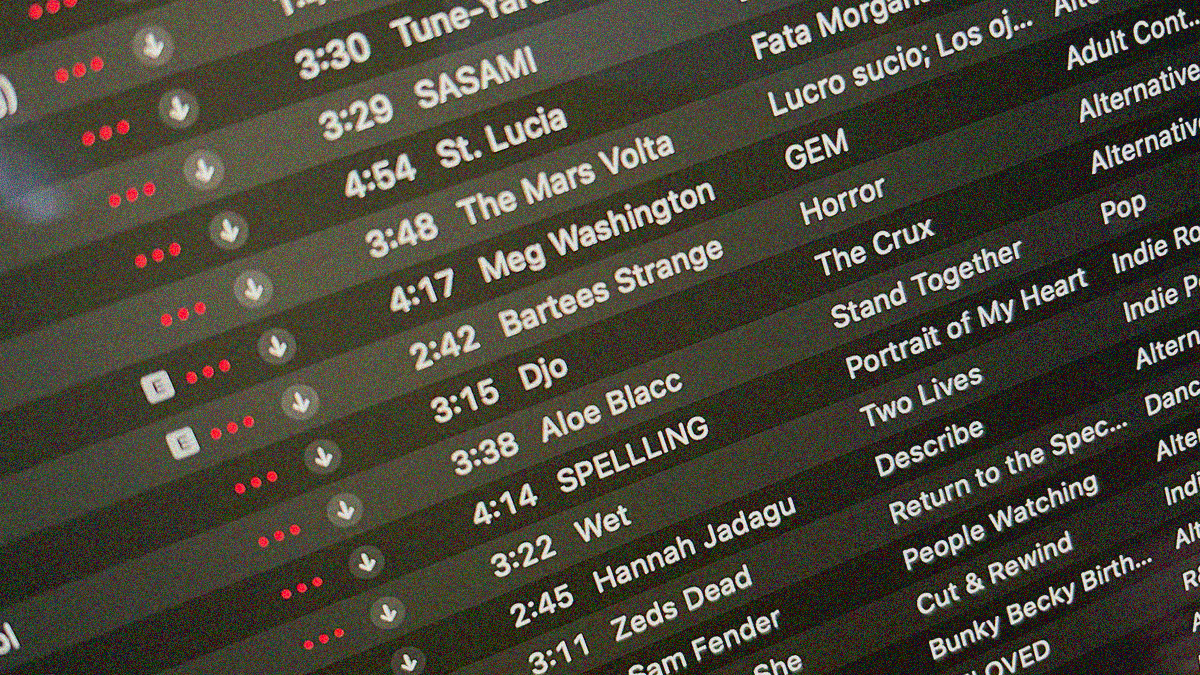 Close-up of an iTunes playlist including artists like SASAMI, St. Lucia, Bartees Strange, Djo, SPELLLING, and Sam Fender.