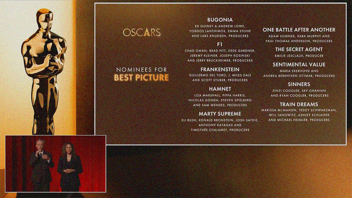 Screenshot from the 98th Academy Awards nomination announcement featuring the ten Best Picture titles.
