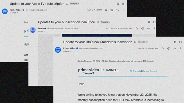 Email collage explaining price increases for AppleTV+, Disney+, and HBO Max.