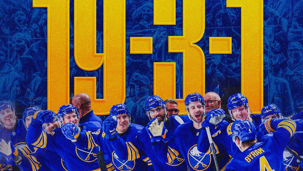 A Buffalo Sabres social media image with the team standing and cheering in blue uniforms on the bench as Bo Byram skates to celebrate a goal. The record 19-3-1 rises behind them in yellow.