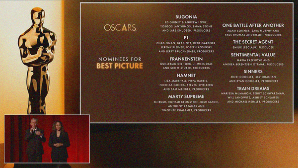 Screenshot from the 98th Academy Awards nomination announcement featuring the ten Best Picture titles.